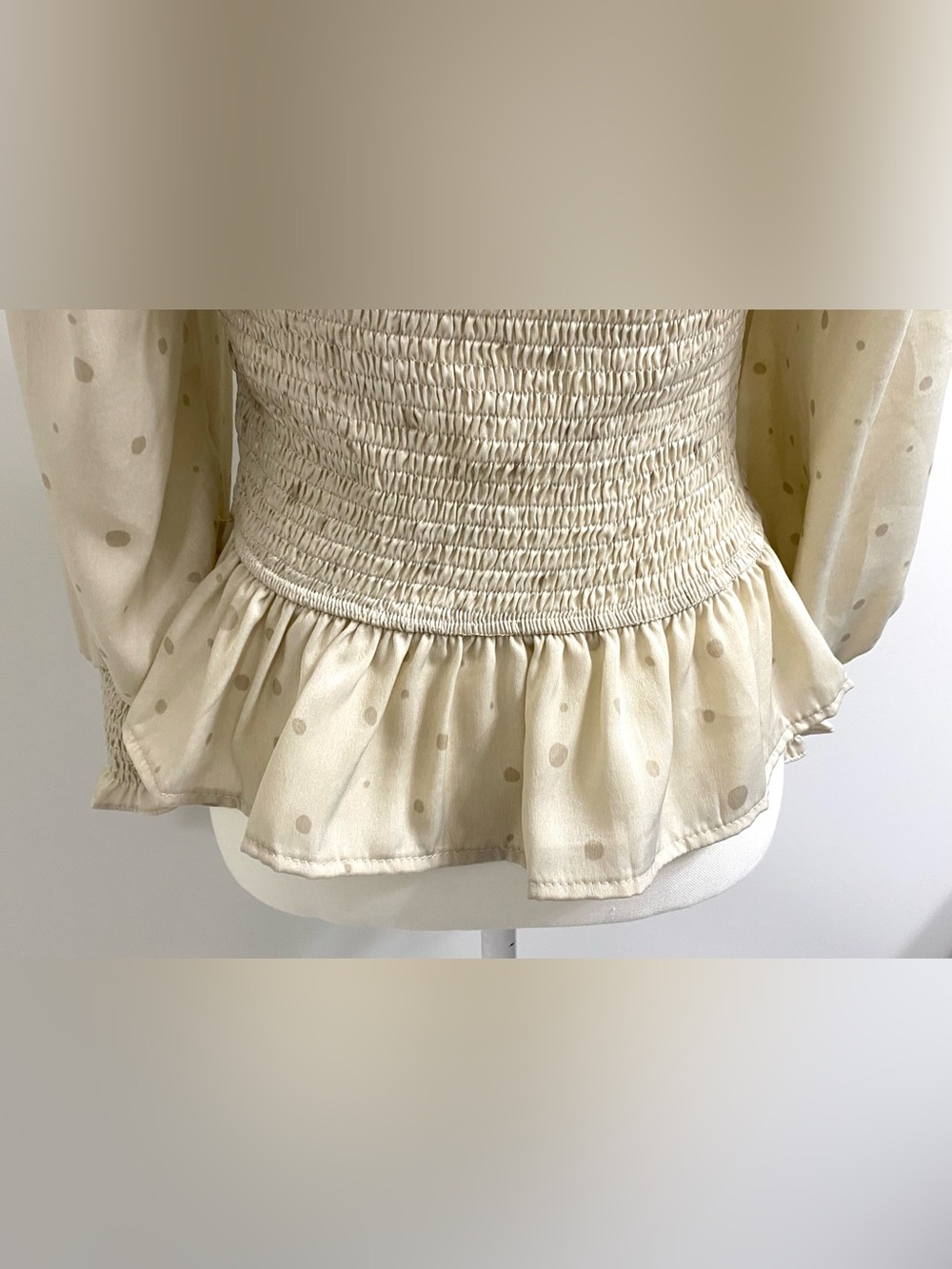 Mine Womens L Tan Polka Dot Satin Peplum Top Boho Fall Neutral Fairy Cottagecore - Picture 6 of 13